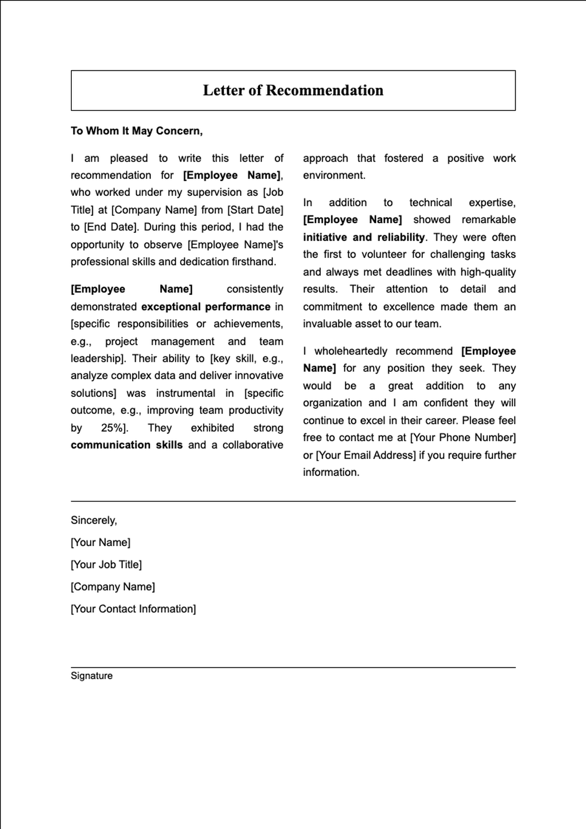 Professional recommendation letter template with placeholder text_variant_2